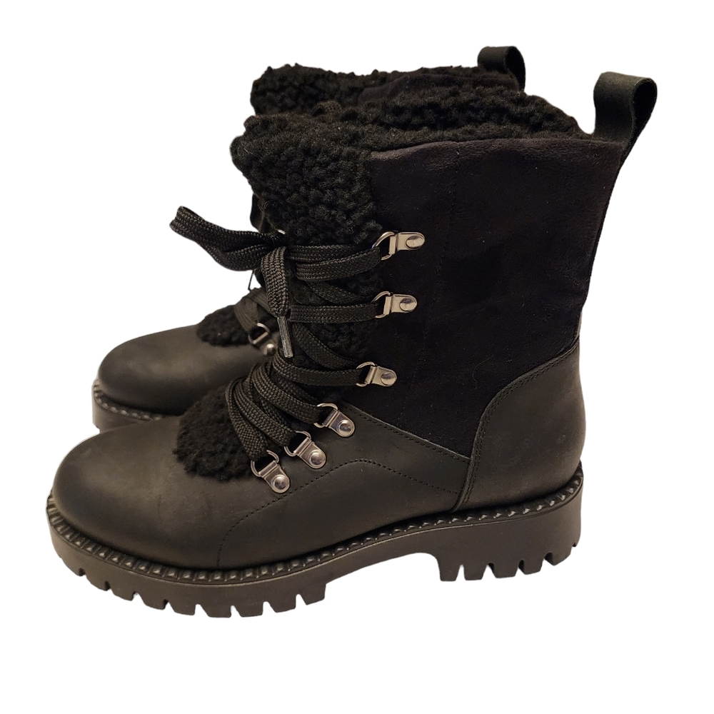 Bootlegger Black Leather & Sherpa Combat Winter Boots Size 8
